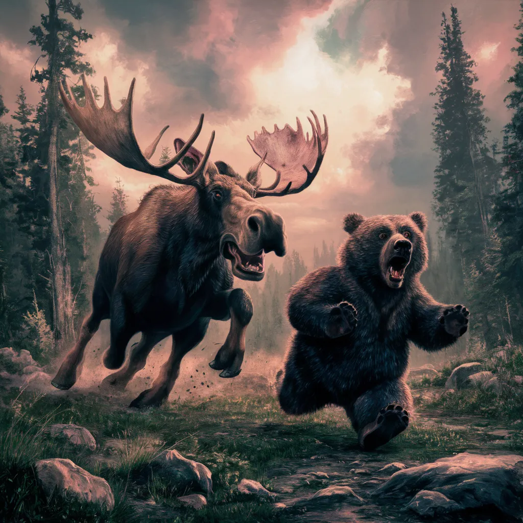 a painting of two bears chasing a moose