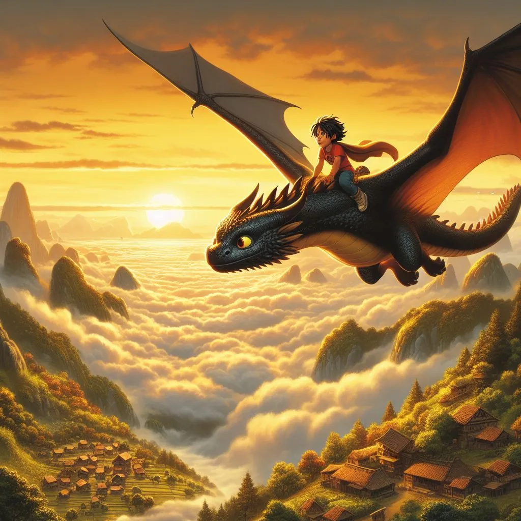 a boy riding a dragon in the sky