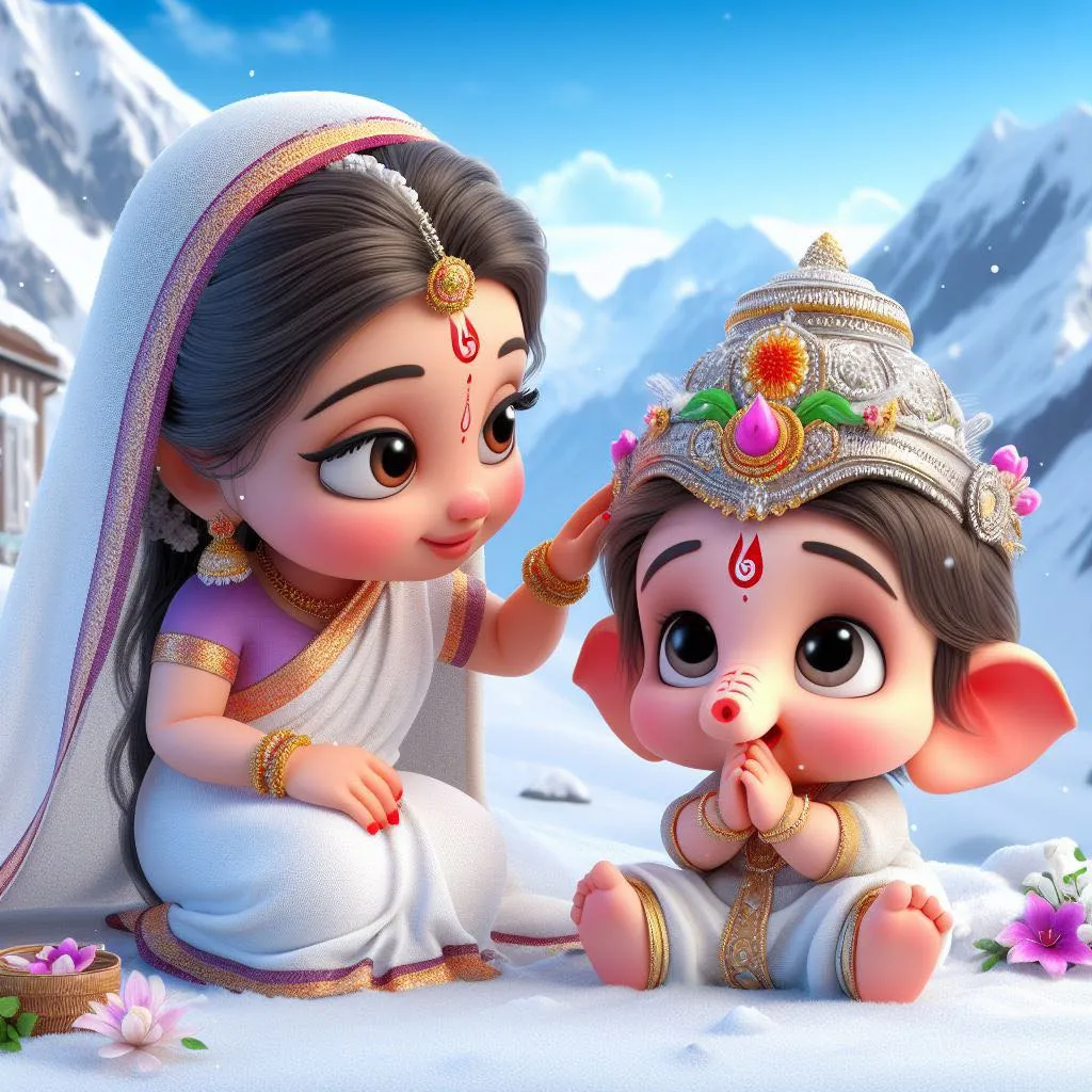 a ganesh and mata parbati of cartoon characters sitting on top of a snow covered ground