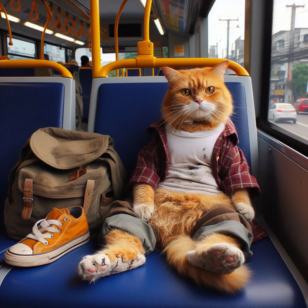 a cat sitting on a bus next to a backpack