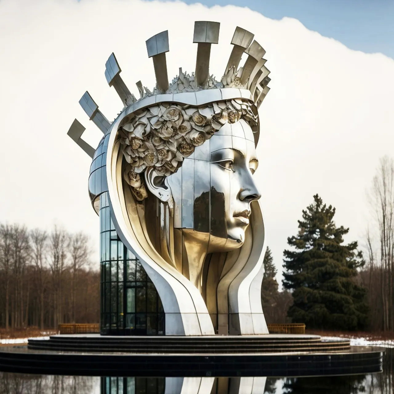 a statue of a woman's head is shown in front of a building