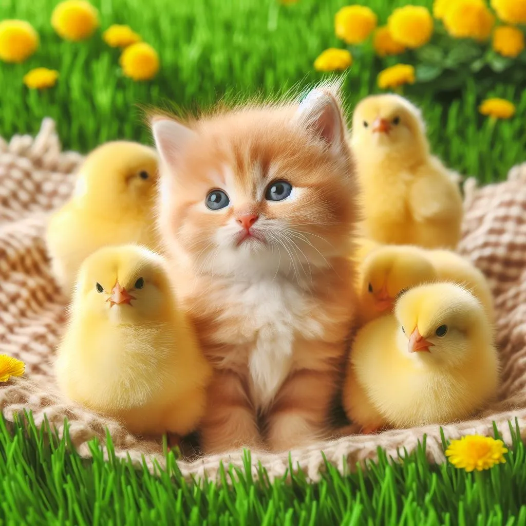 a kitten sitting in the grass with her chicks