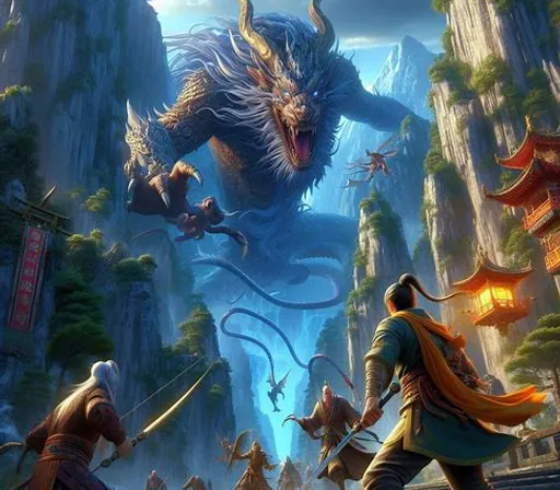 a dragon attacking a man in front of a mountain