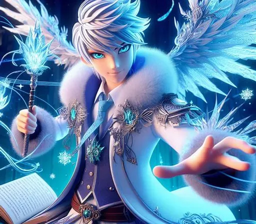 an anime character holding a book with wings