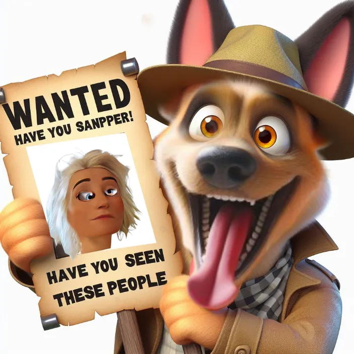 a cartoon dog holding a wanted poster In 3d digital inflated volume equal image respect initial appearance 