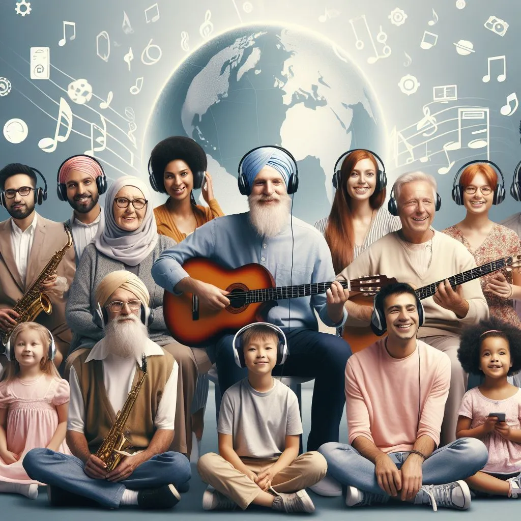 Persone di diverse culture e diverse generazioni che ascoltano musica negli auricolari 