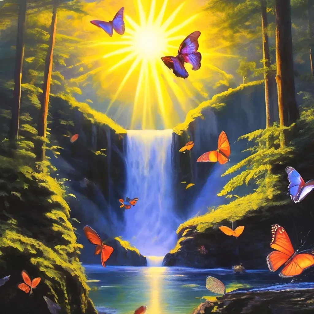 a painting of butterflies flying over a waterfall