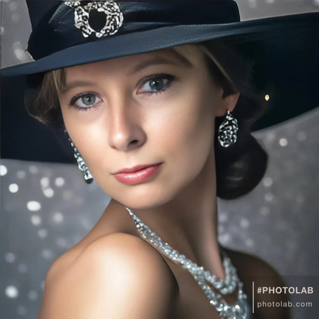 A woman in a black hat and diamond necklace against a golden hour sky