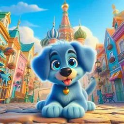 a blue puppy sitting on top of a street