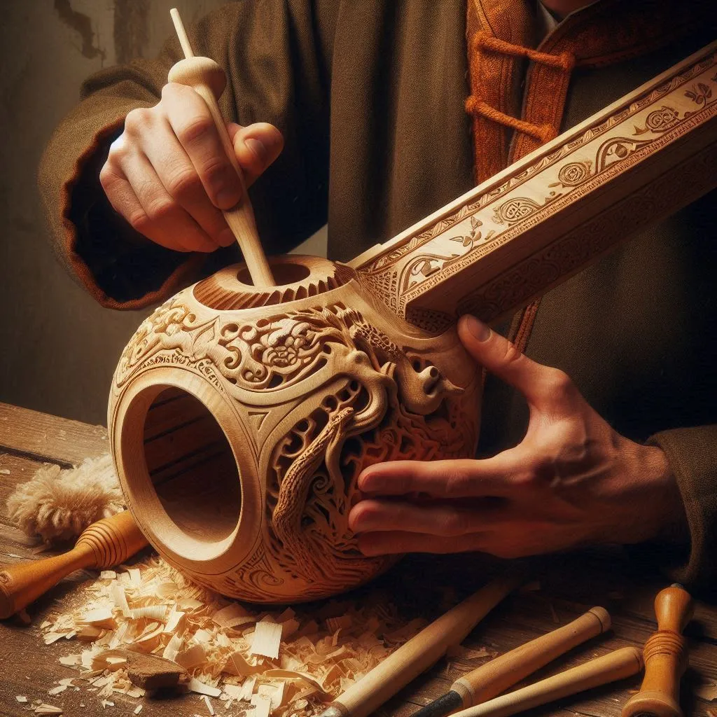 hollowing out the Kazakh musical instrument kobyz from wood