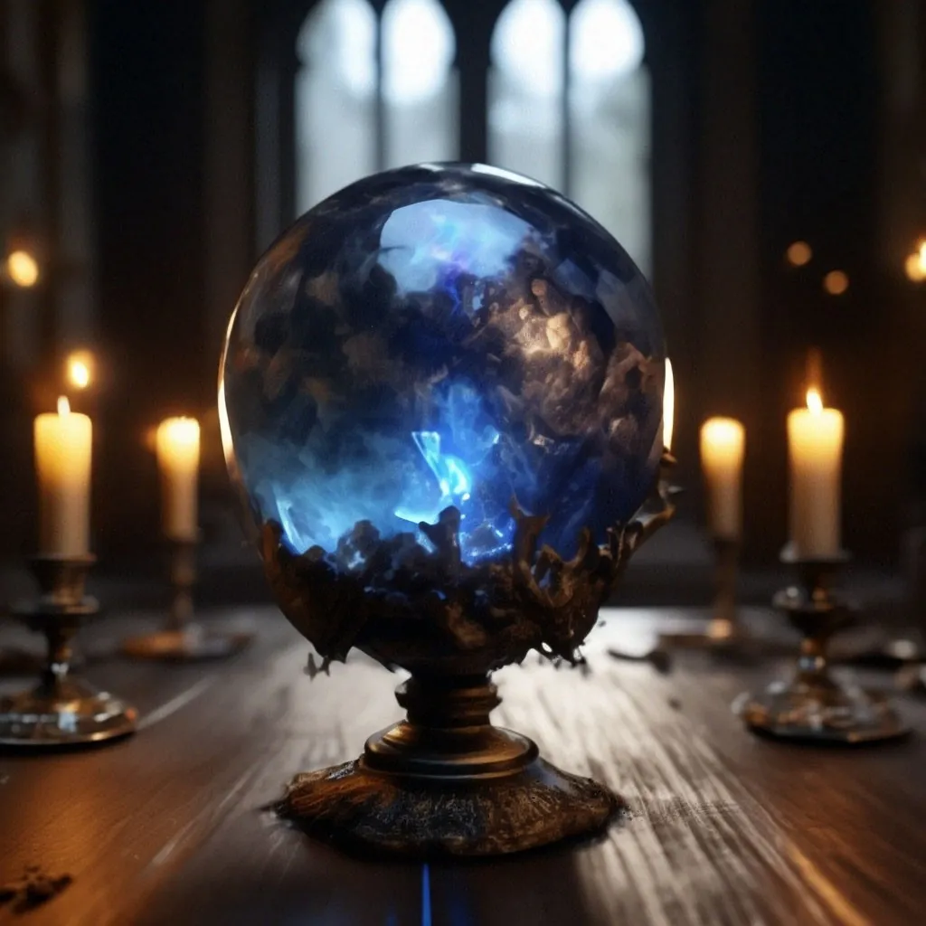 a table with candles and a glass ball on it