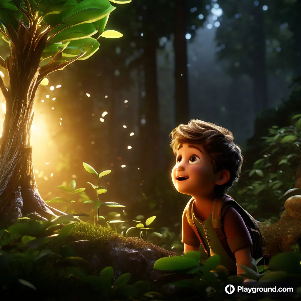 a boy in the woods looking up at a tree