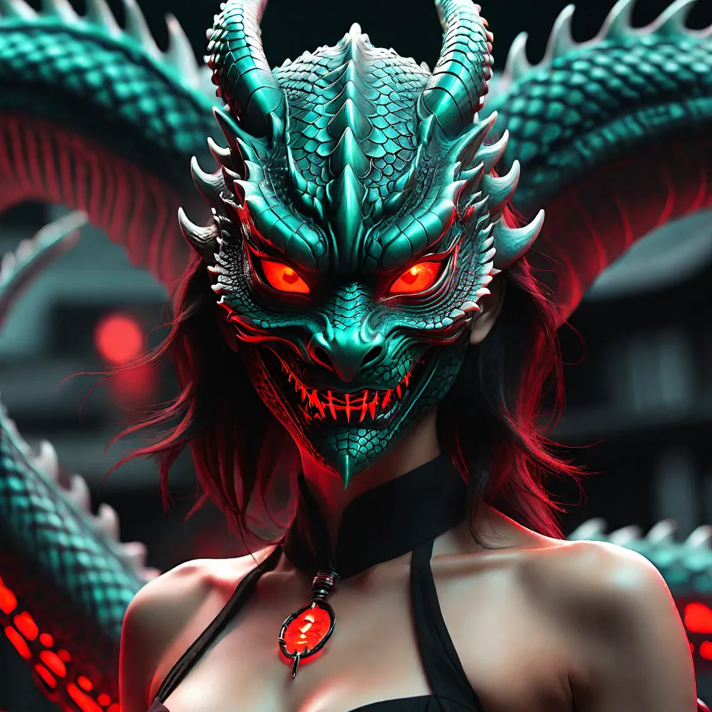 a woman wearing a green dragon mask with red eyes