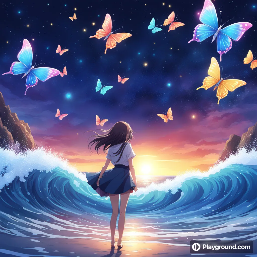 a girl standing in the ocean with butterflies flying above her