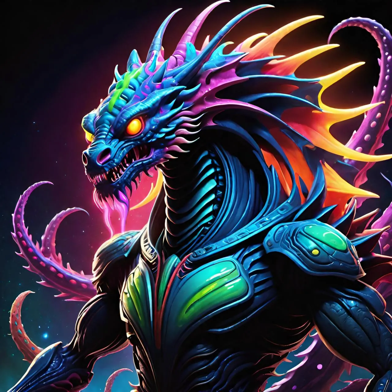 a dragon with glowing eyes standing in front of a black background