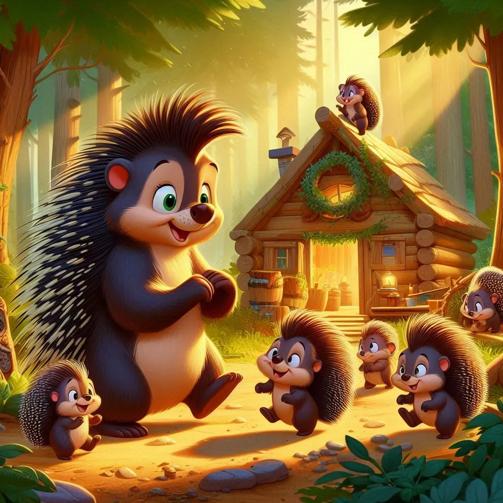 a group of hedgehogs in front of a log cabin