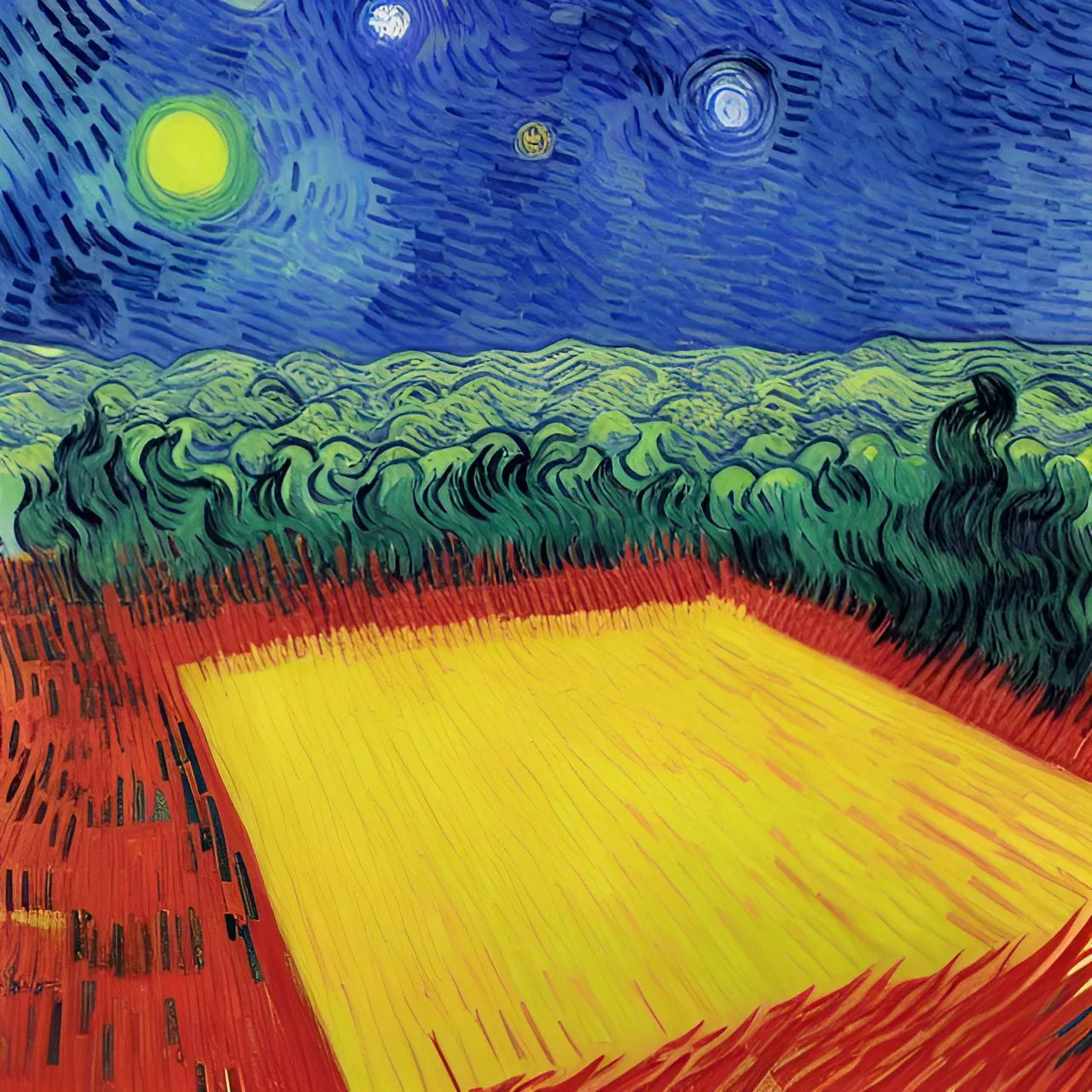 a painting of a field with a sky background