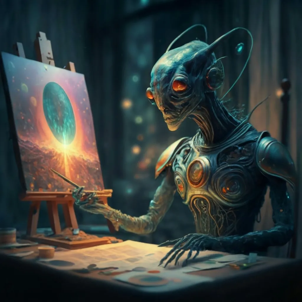 an alien is painting a picture on a easel