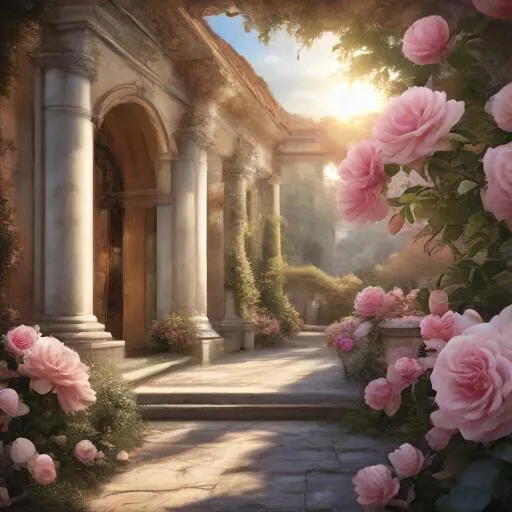 a painting of a garden with pink roses