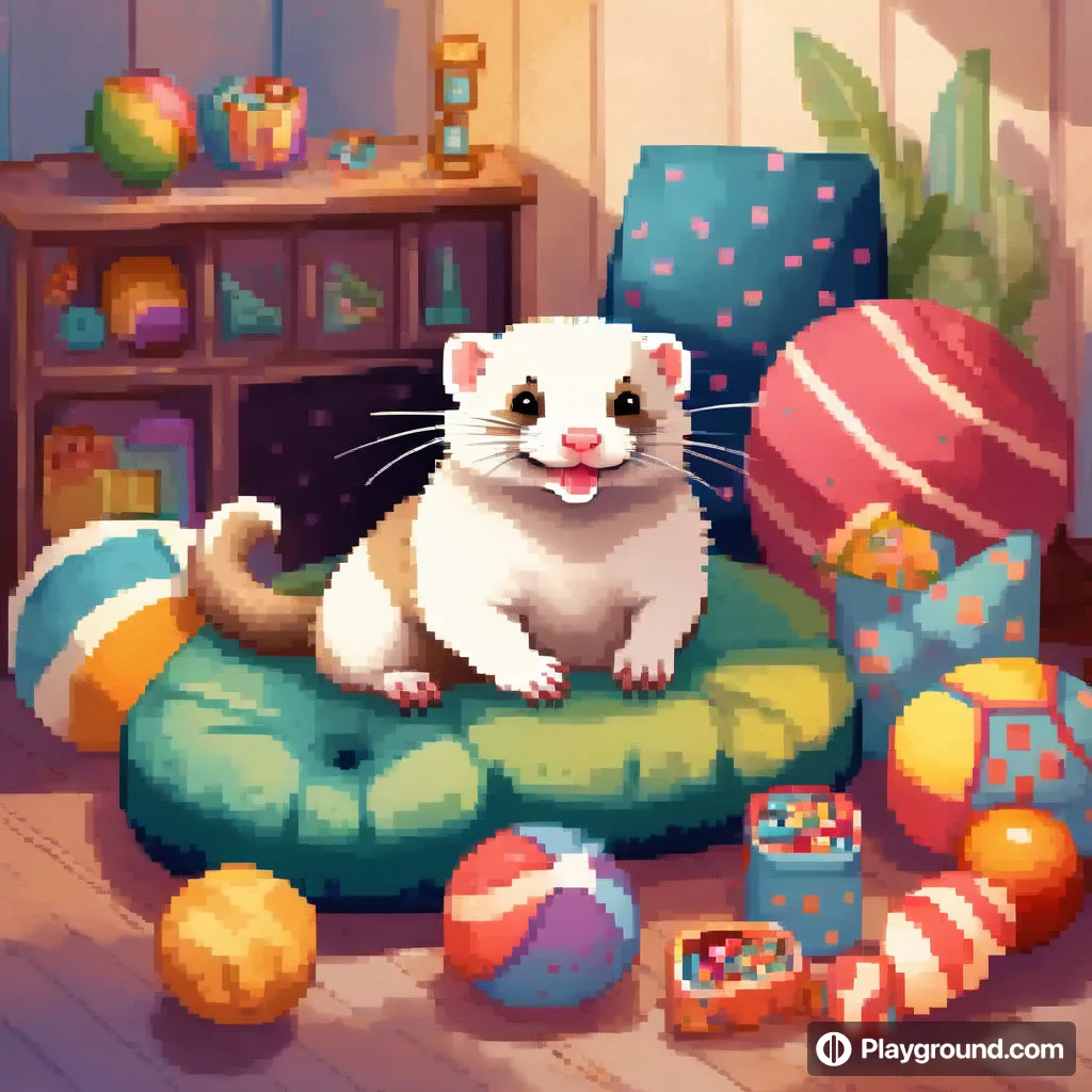 a white ferret sitting on a green cushion surrounded by toys