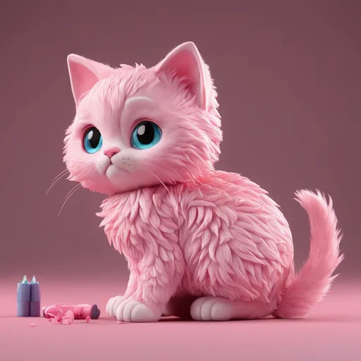 a pink cat sitting next to a pile of crayons