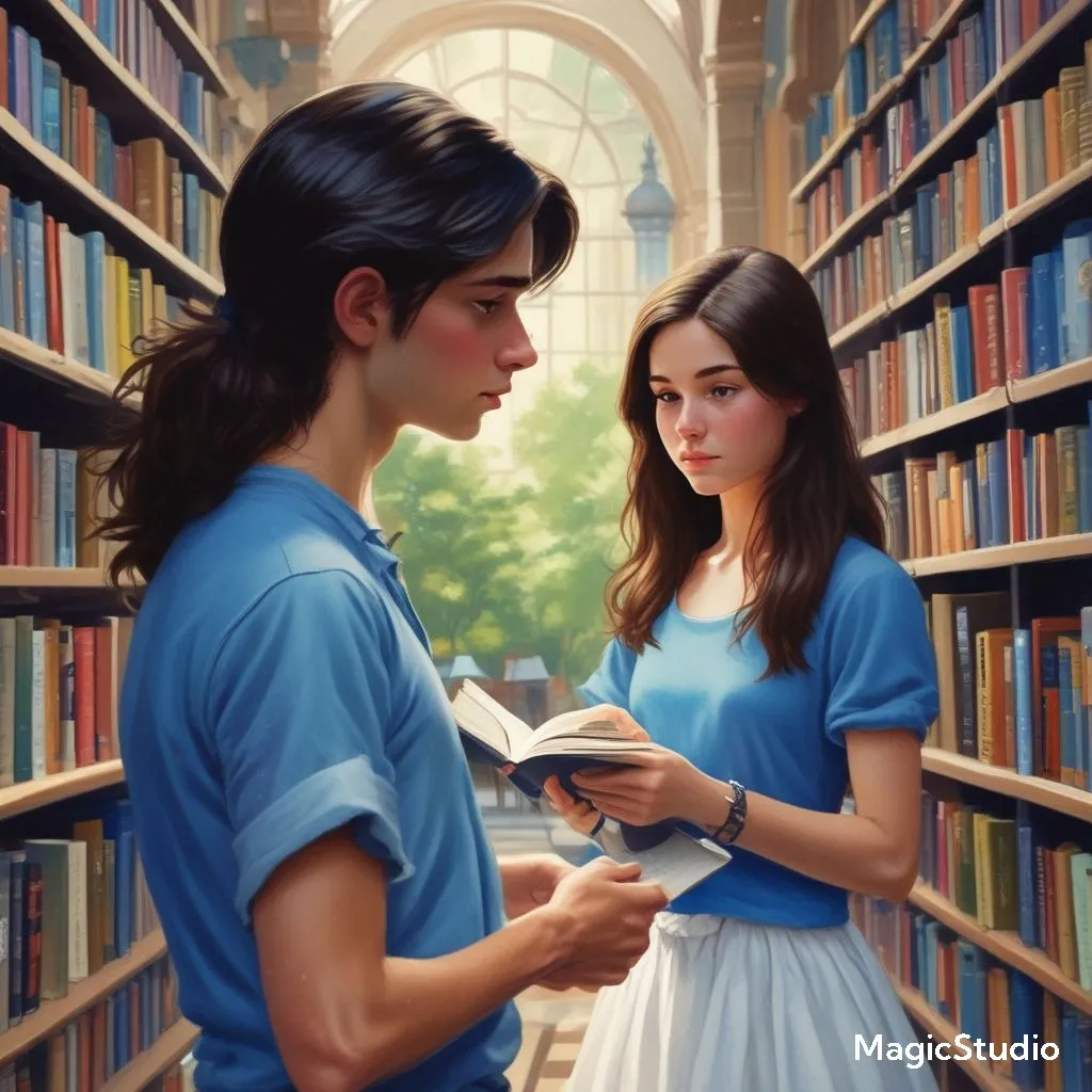 a painting of two people reading a book in a library