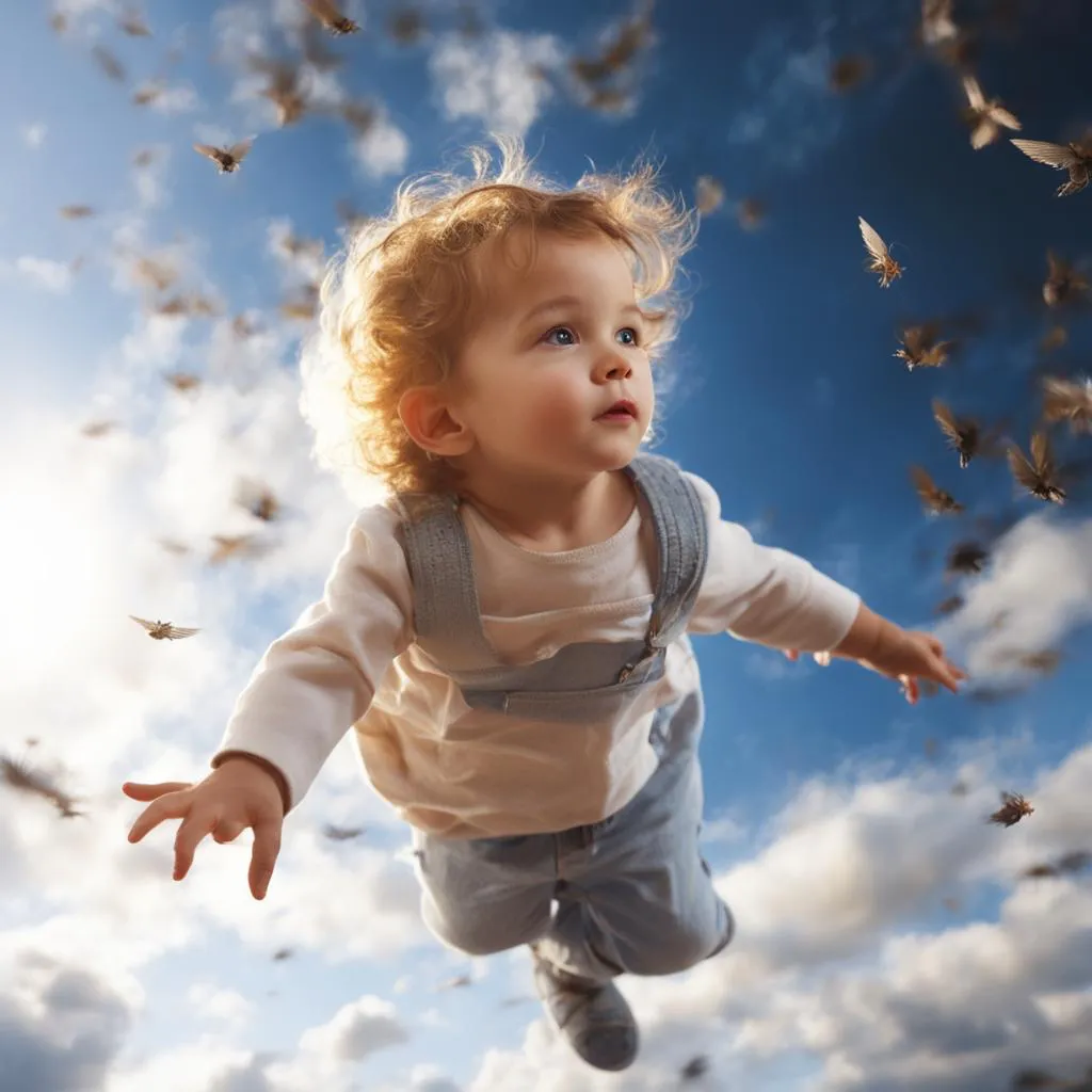 a young child is flying through the air