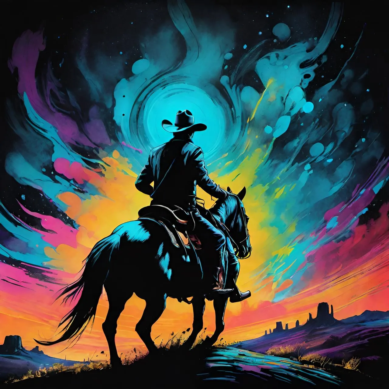 a painting of a cowboy riding a horse