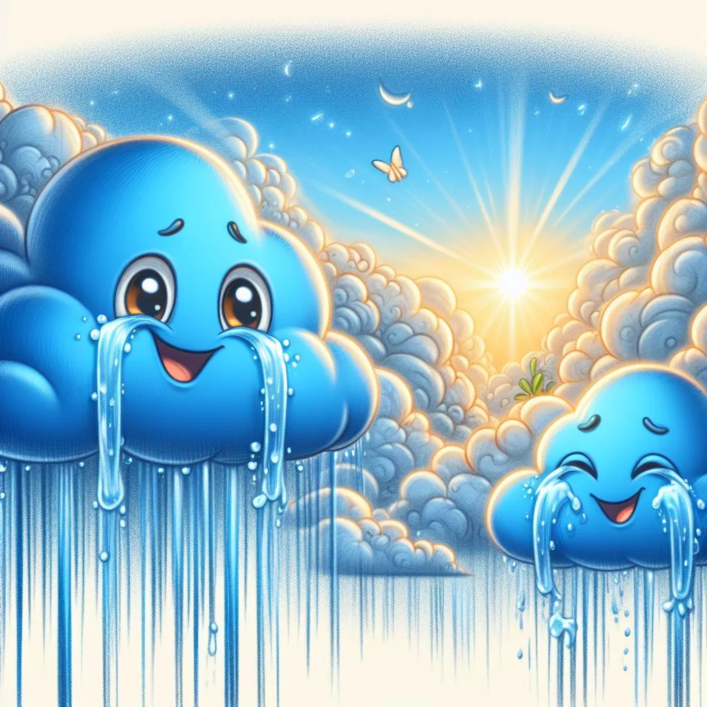 a group of blue clouds with water dripping from them