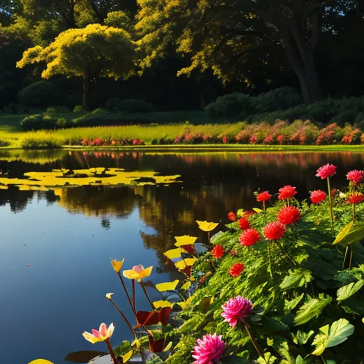 a green meadow, water, flowers and the wind that bends these flowers
