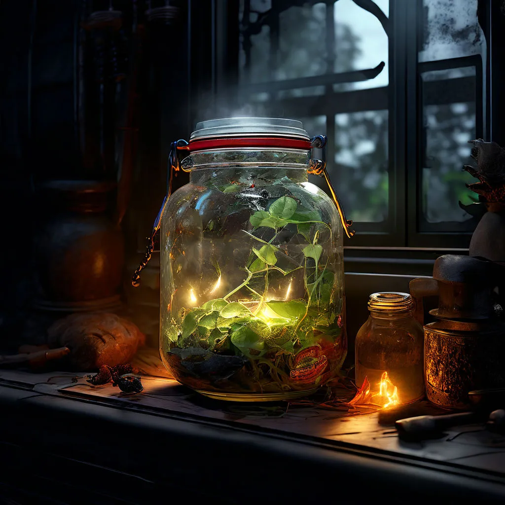 A pouch filled with strange herbs and ingredients, illuminated by a beam of moonlight filtering through the window, hinting at the dark magic being used by the wicked housemaid.