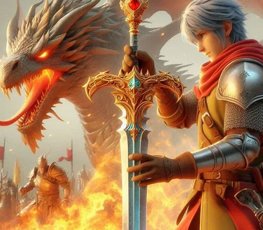 a man holding a sword next to a dragon