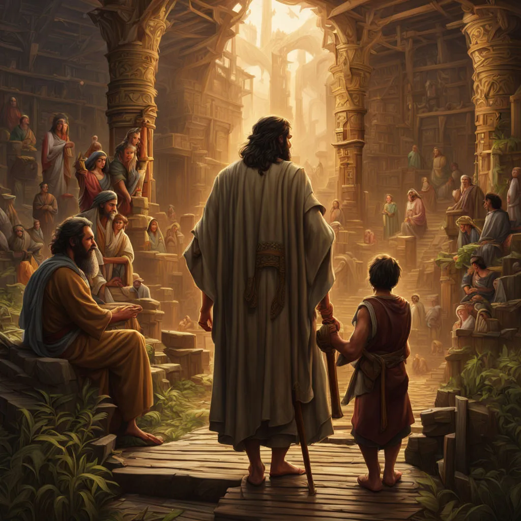 a painting of jesus and a child in a cave