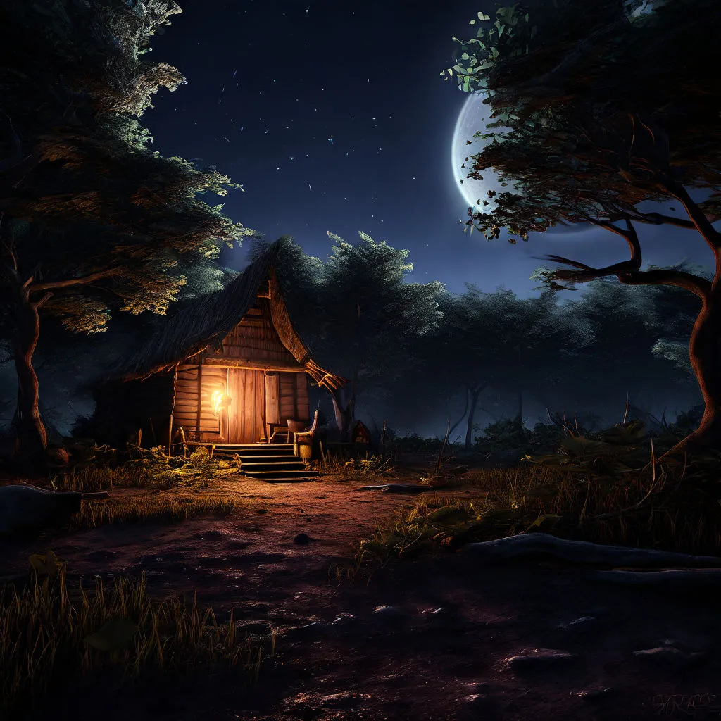 A small hut at the edge of the village, nestled among tall trees, with a faint glow emanating from within as the moon rises overhead, hinting at the secrets hidden inside.

