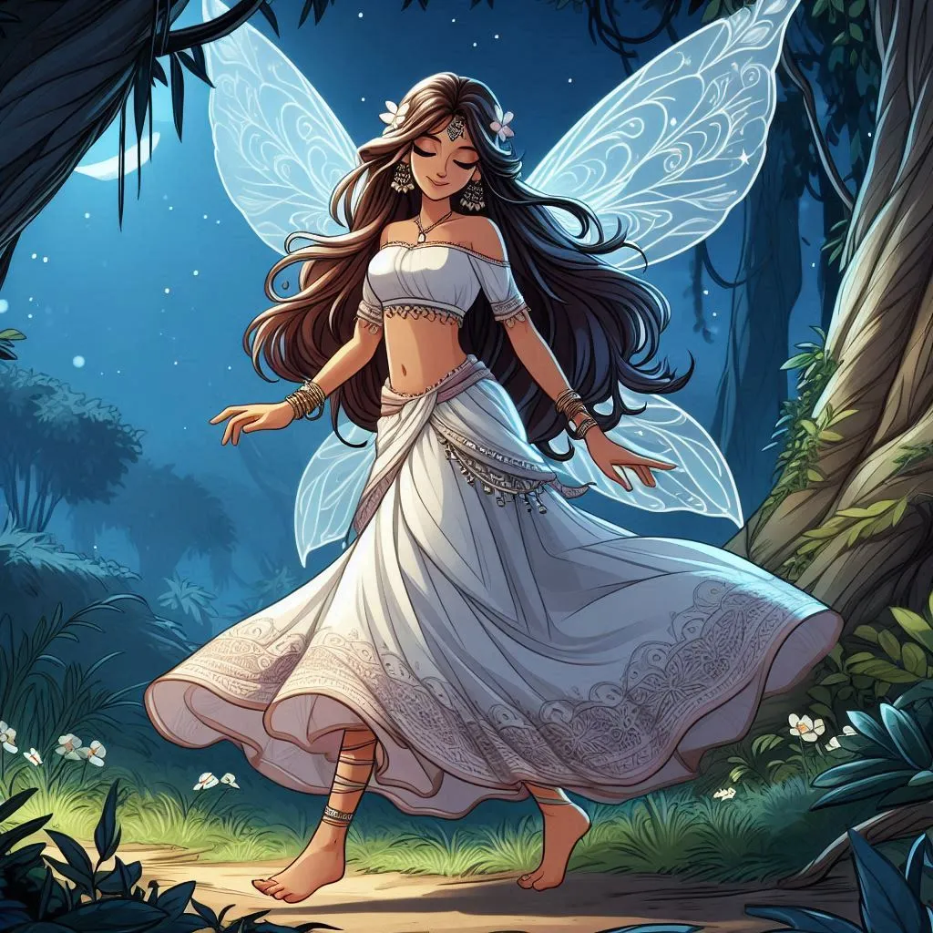 a beautiful fairy  with wings  with long hair,  wearing white lehenga  walking bare foot at jungle   jungle at mid nightD animation cartoon zoom out  