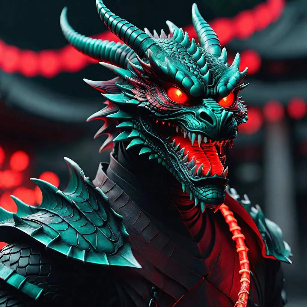 a close up of a dragon statue with red eyes