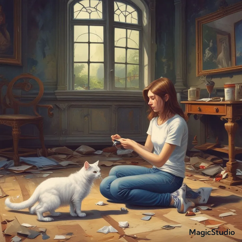 a painting of a woman sitting on the floor with a cat zoom out