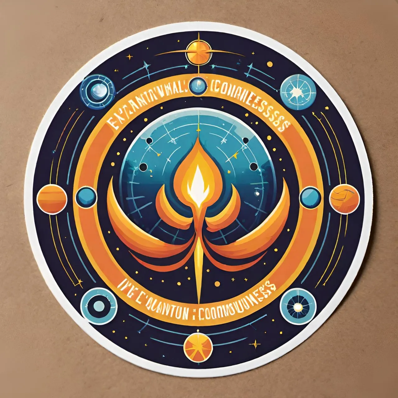 a circular sticker with an image of a flame in the center