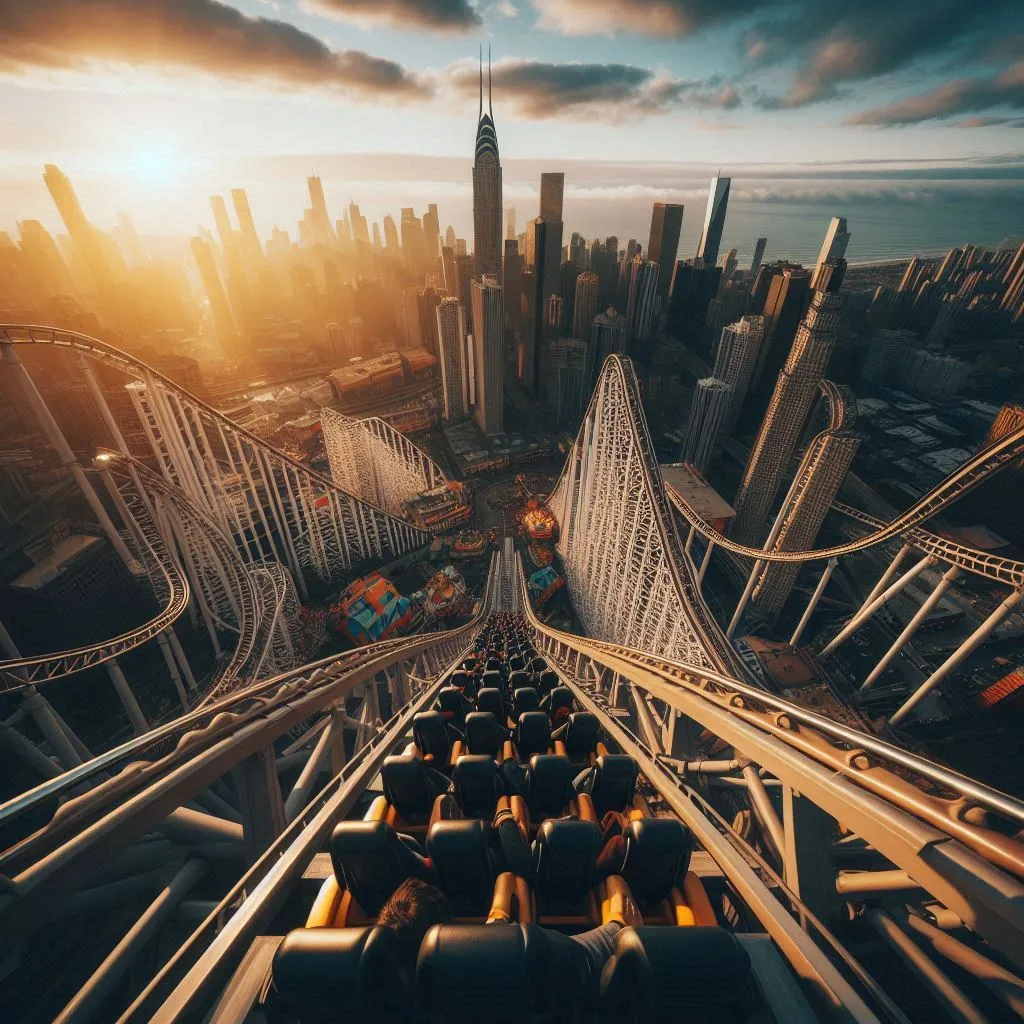 POV shot from a rollercoaster car as it plunges down a steep drop at the amusement park 