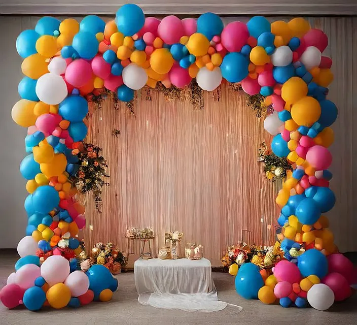 a table with a white table cloth and a bunch of balloons