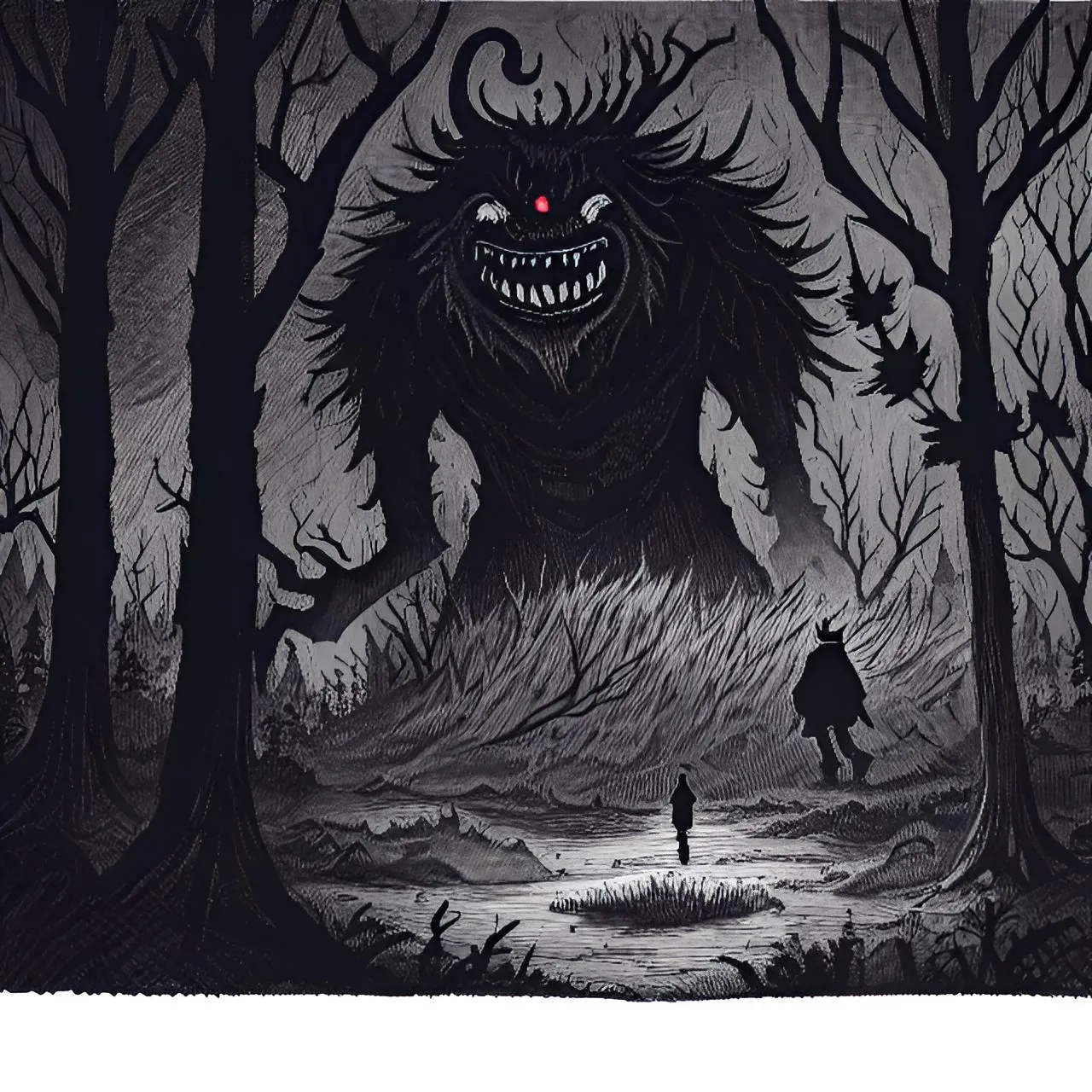 a black and white drawing of a monster in the woods