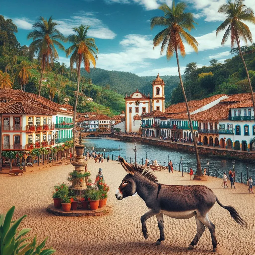 a donkey is walking in the middle of a town