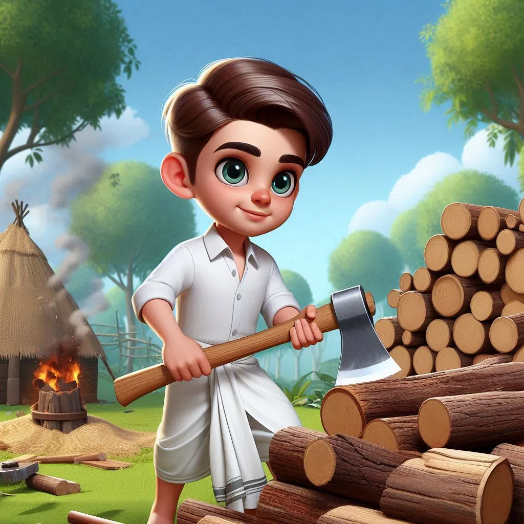  a handsome boy wearing white shirt and white dhoti cutting wood with axe 3D animation cartoon  zoom out 