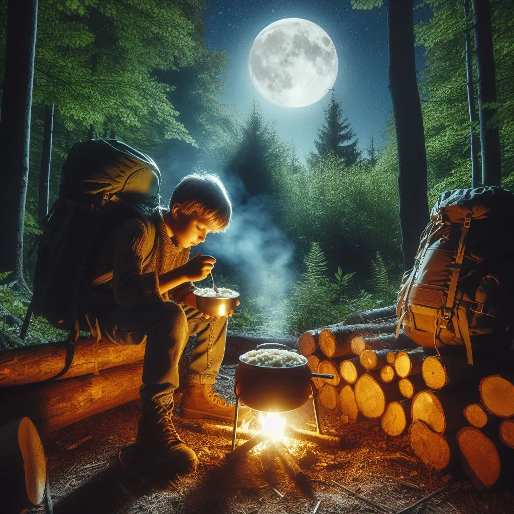 a young boy sitting on a log next to a campfire