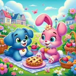 a cartoon bunny and a blue bunny sitting on a blanket