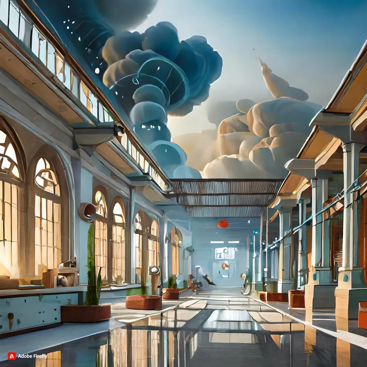 a large room with a sky filled with clouds