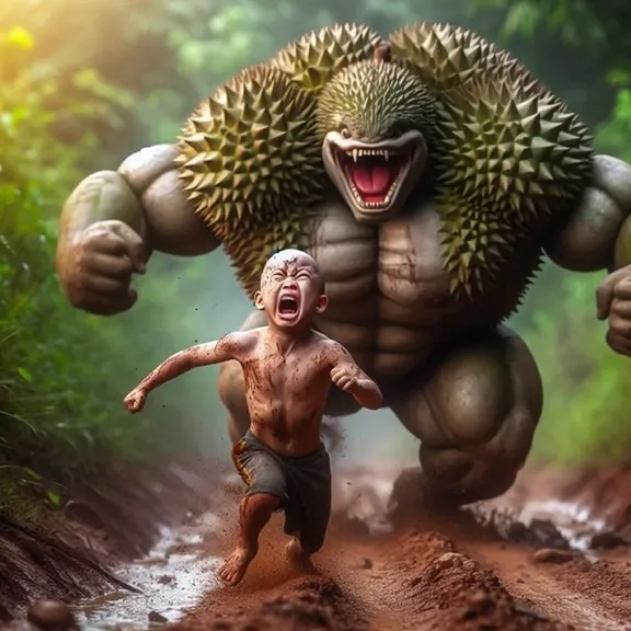 little boy is running away from a giant durian-monster