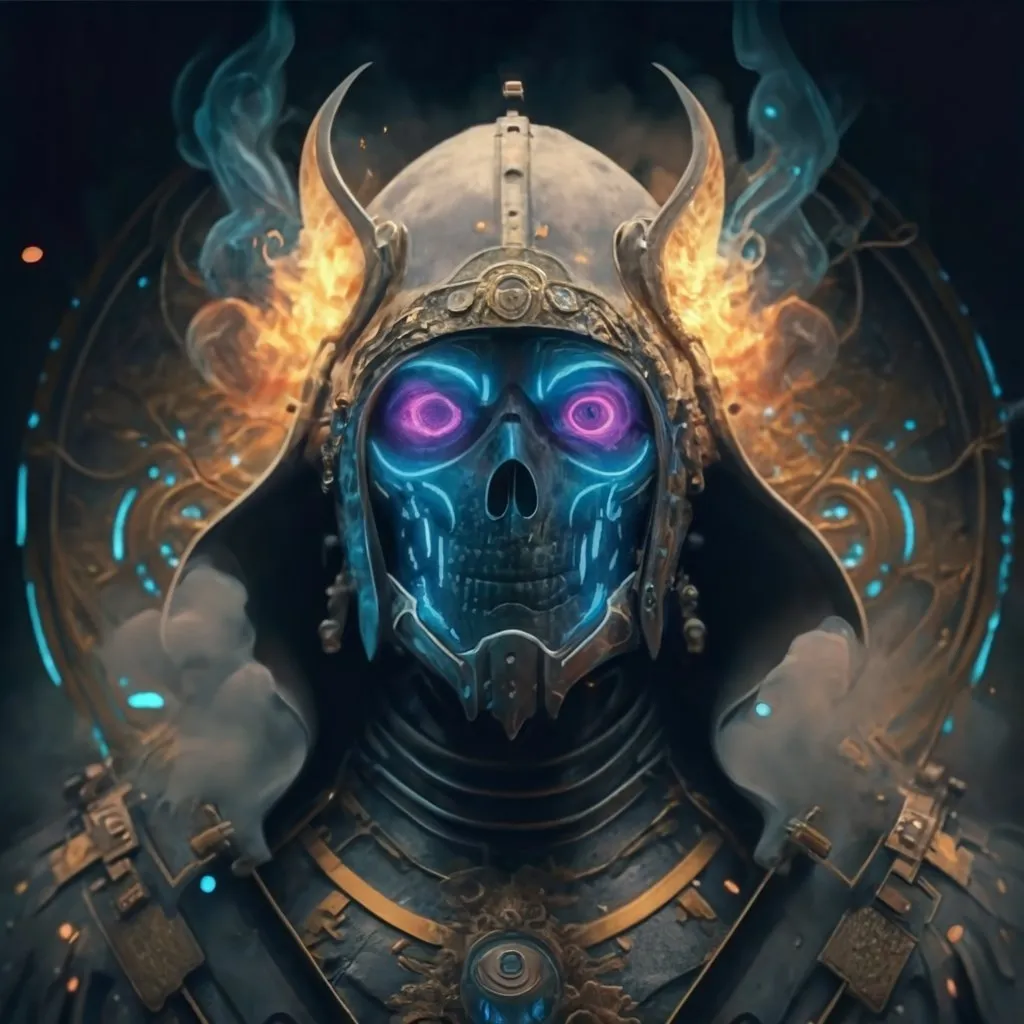 a blue skull wearing a helmet with horns