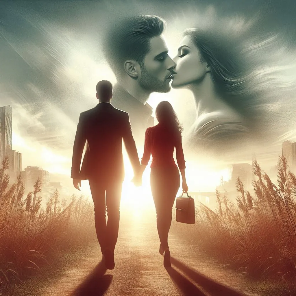 The man and woman in love walking away hand in hand, with the background showing a fading image of their kiss, signifying it being a cherished memory