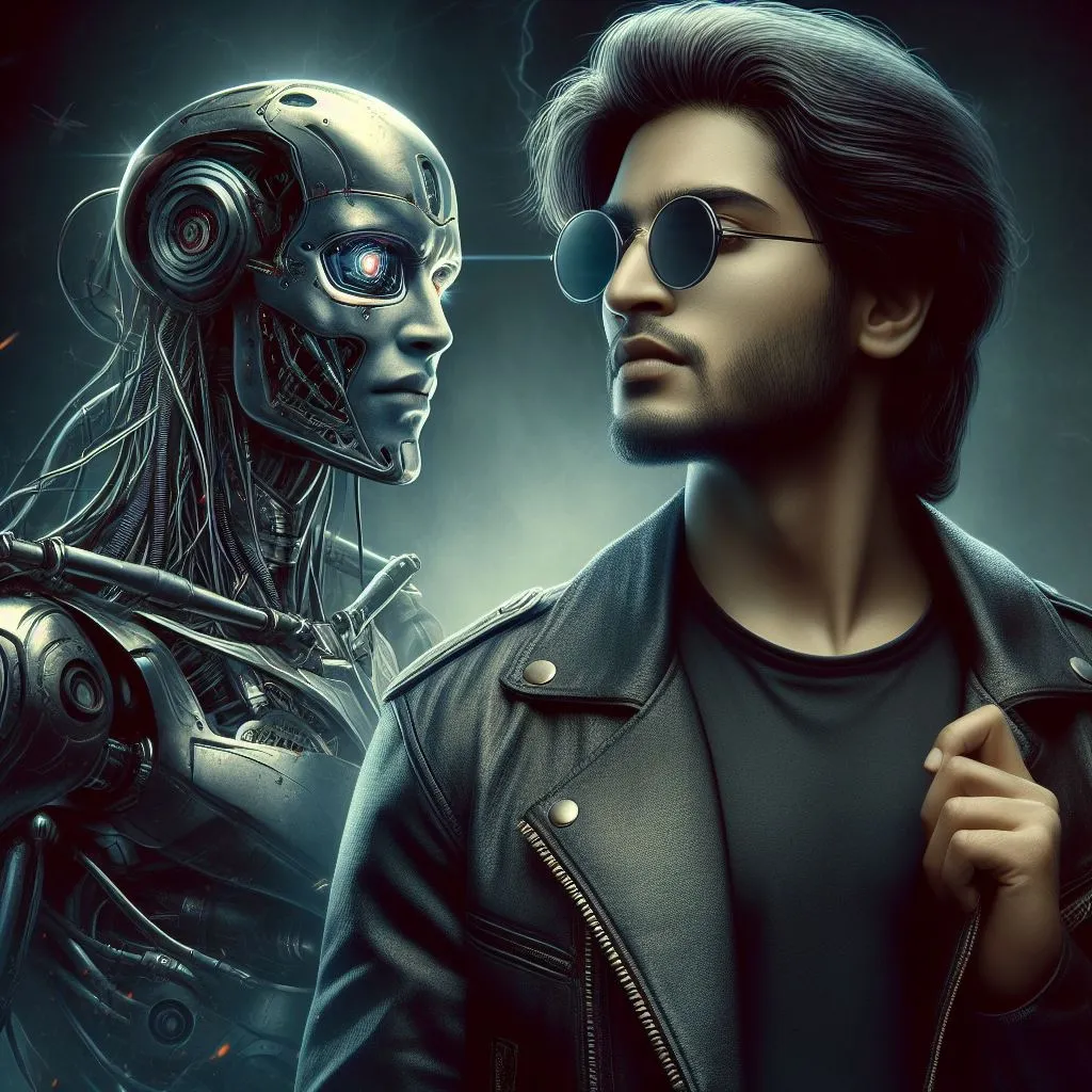 a man in a leather jacket standing next to a robot